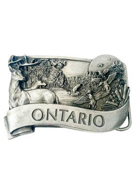 Vintage 3D Pewter Belt Buckle Ontario Provincial Series Wildlife Deer Ducks
